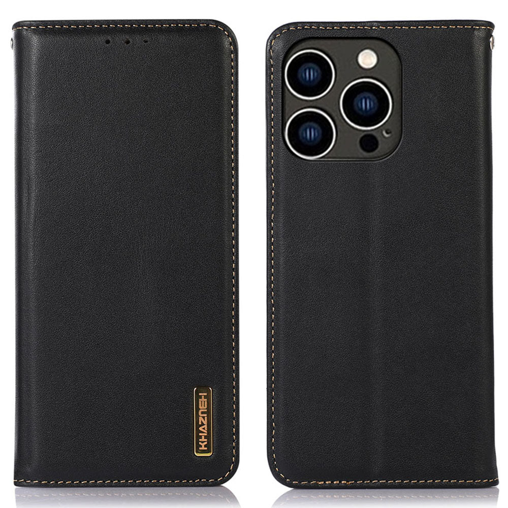 KHAZNEH Pro iPhone 15 Pro hovězí kůže peněženka pouzdro na telefon s blokováním RFID stojánku KHAZNEH Pro iPhone 15 Pro hovězí kůže peněženka pouzdro na telefon s blokováním RFID stojánku